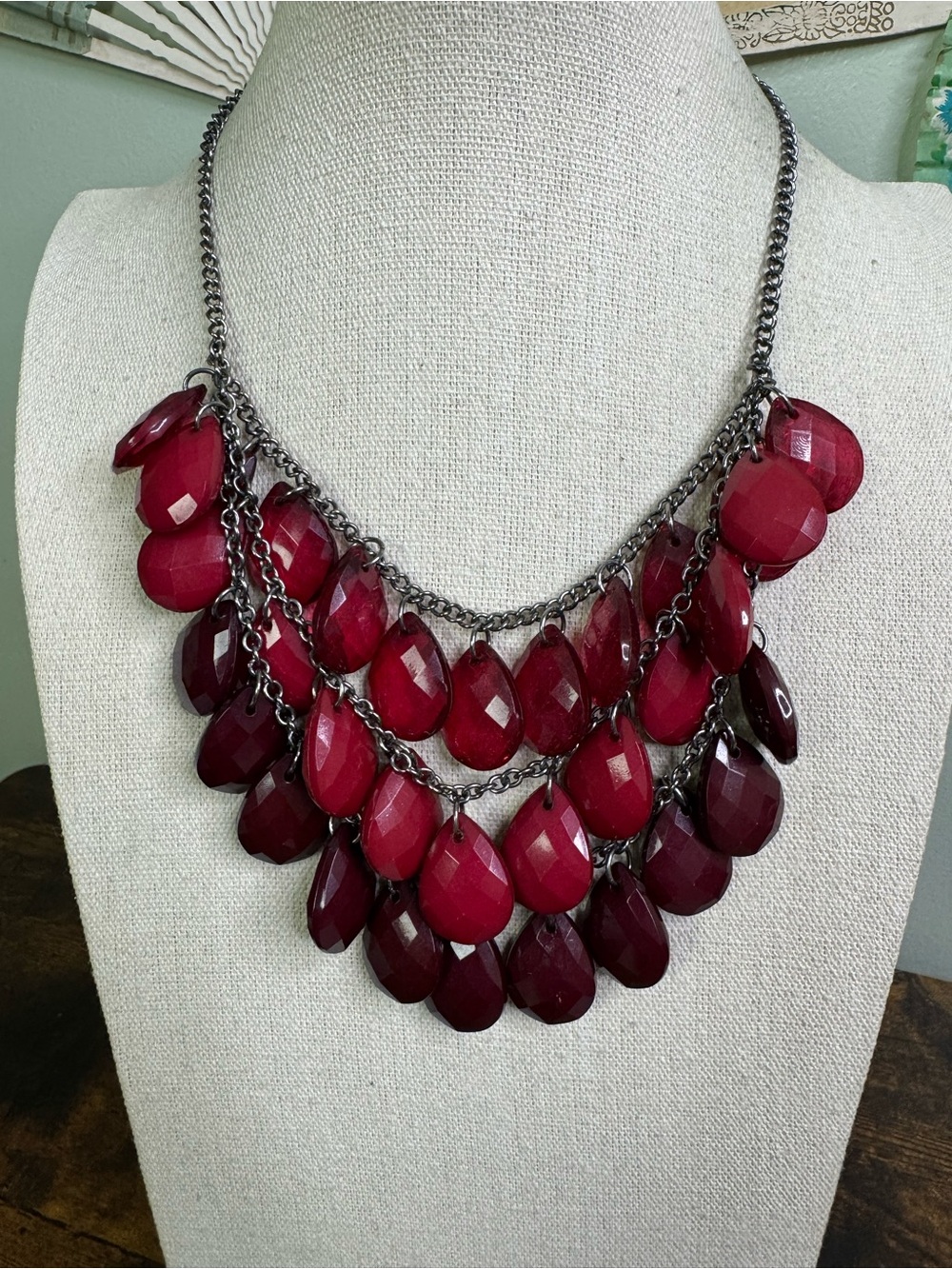 Cranberry Berry Red Teardrop Bib Necklace - Women Jewelry